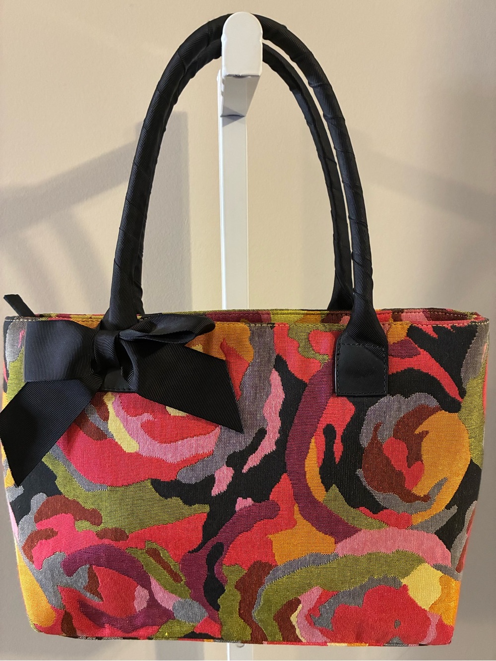 Talbots Floral Multicolor Canvas Tote Bag with Black Bow Like New